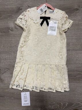 Self-Portrait Cream Lace Girls' Dress with Black Bow